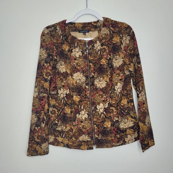 Notations brown tone floral vintage vibe zip front jacket Pockets size small - Picture 1 of 6